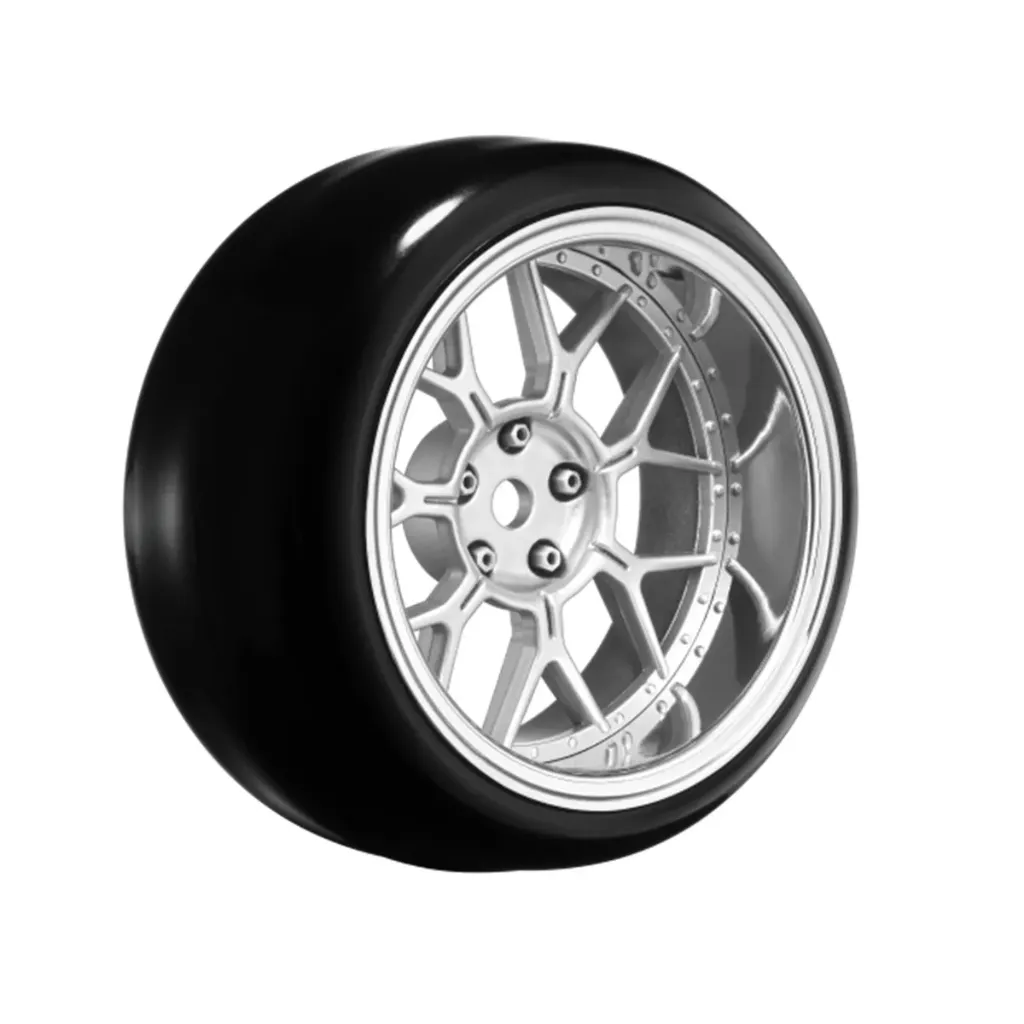 [LOULNHA561T] LOULNHA561T  14 Spoke Matte Silver 1/10 Wheel Mounted Drift Tire, 2, 4, 6, 8mm Offset, 12mm Hex, 4pcs